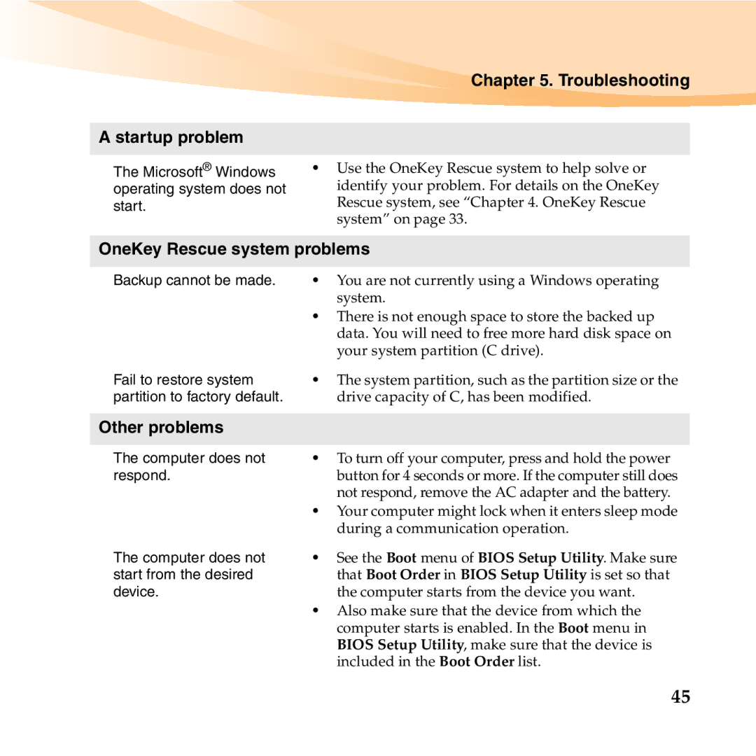 Lenovo 06472BU manual Troubleshooting Startup problem, OneKey Rescue system problems, Other problems 