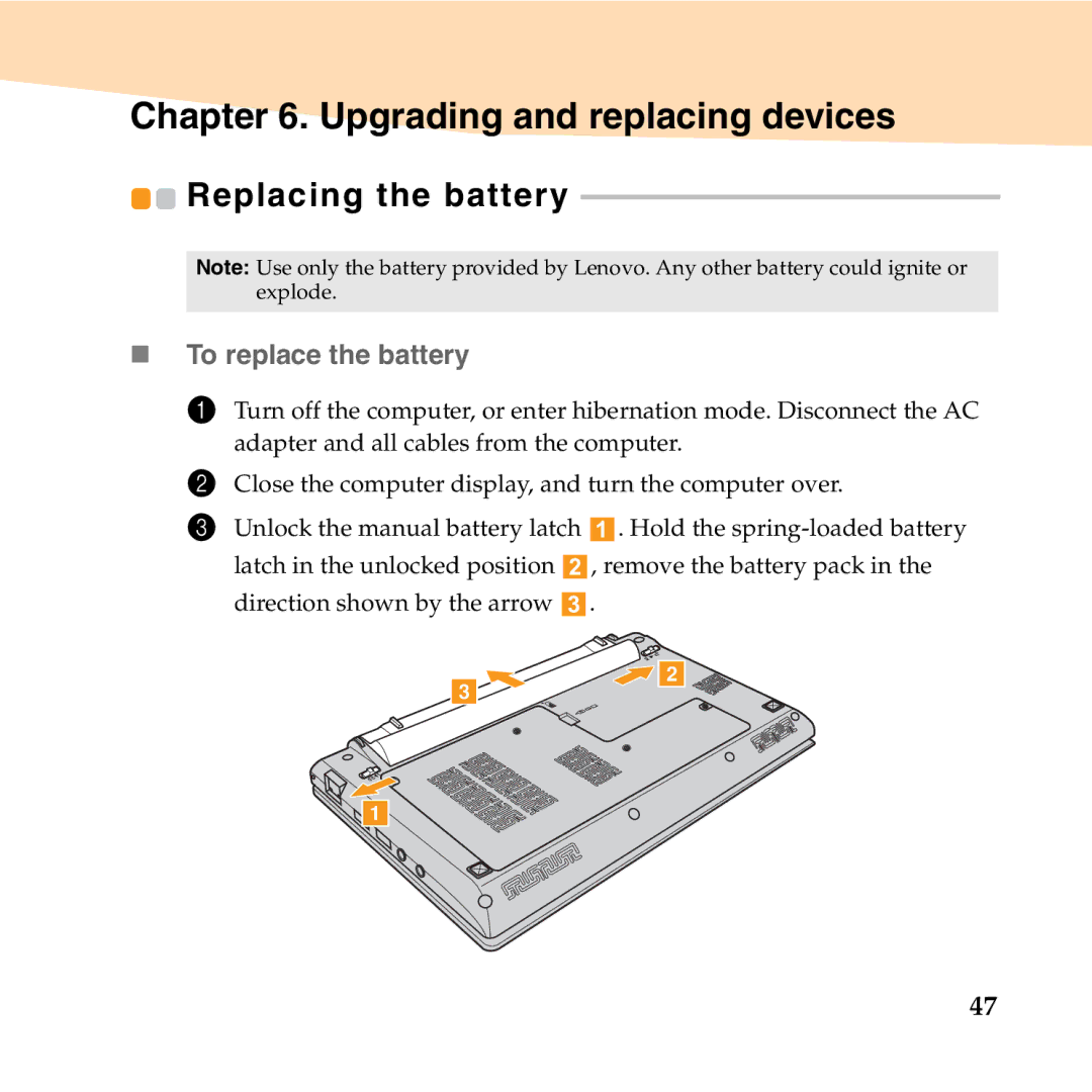 Lenovo 06472BU manual Upgrading and replacing devices, Replacing the battery, „ To replace the battery 