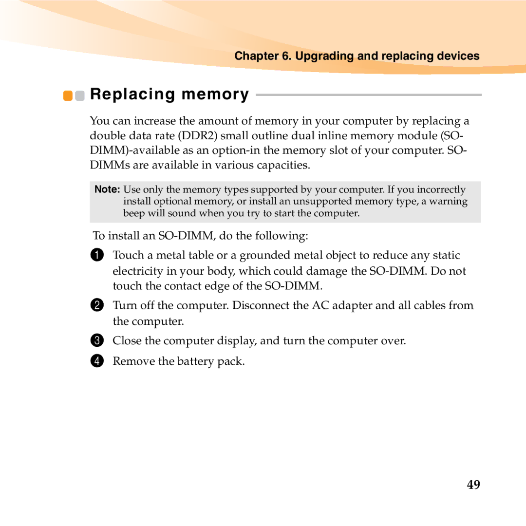 Lenovo 06472BU manual Replacing memory 