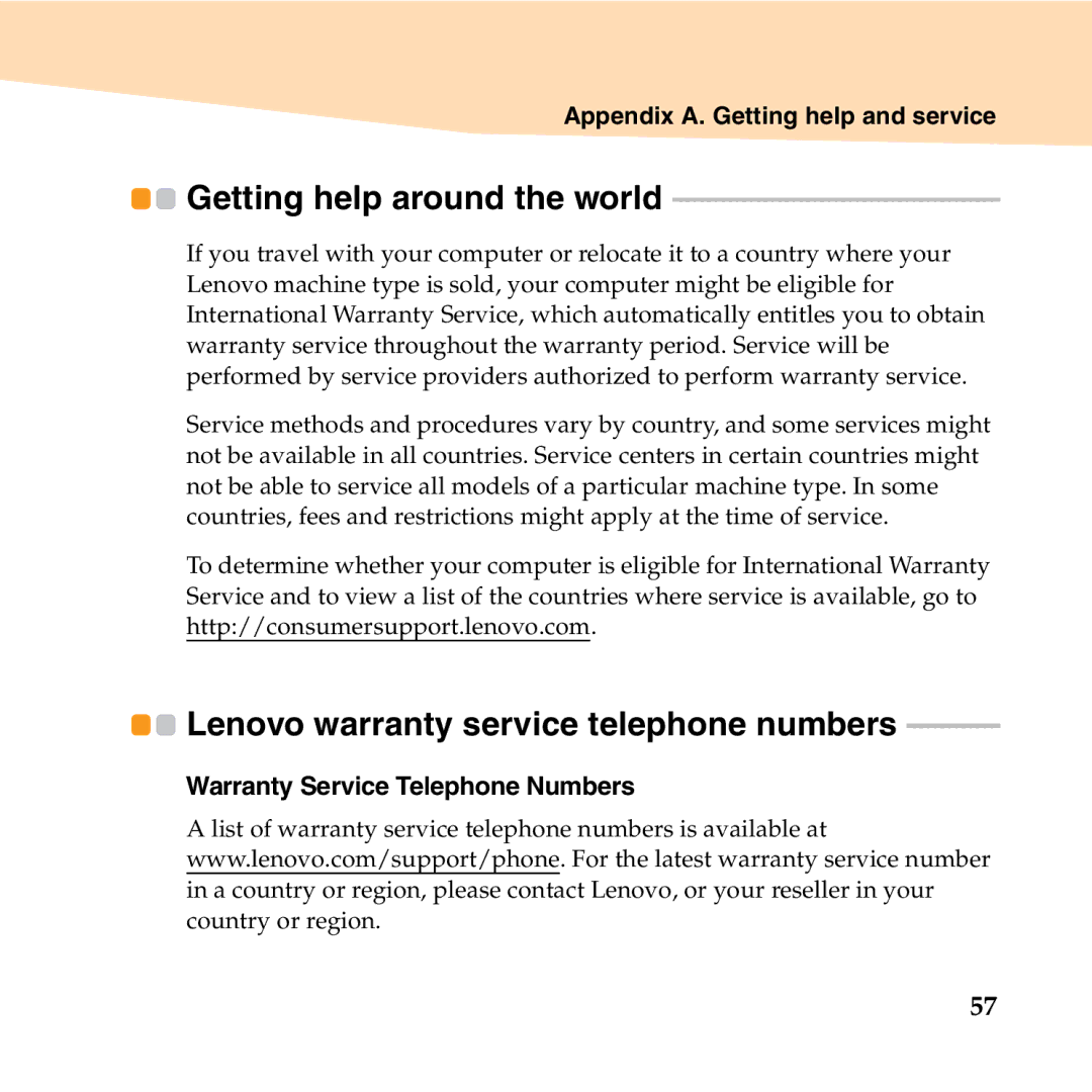 Lenovo 06472BU manual Getting help around the world, Warranty Service Telephone Numbers 