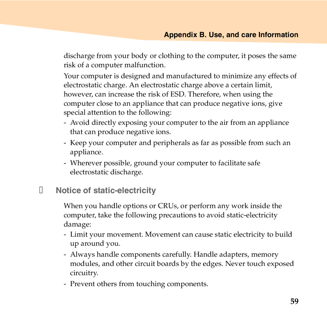 Lenovo 06472BU manual „ Notice of static-electricity, Appendix B. Use, and care Information 