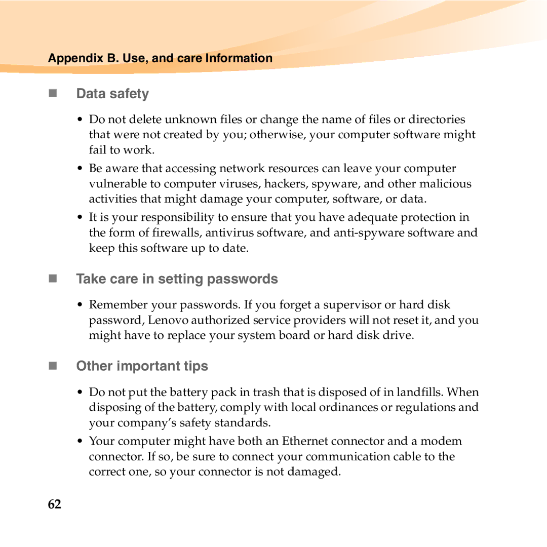 Lenovo 06472BU manual „ Data safety, „ Take care in setting passwords, „ Other important tips 