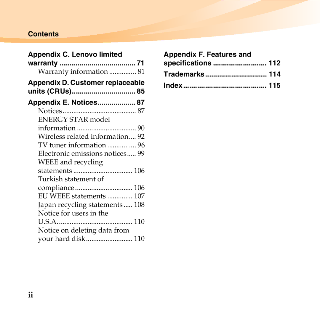 Lenovo 06472BU manual Contents Appendix C. Lenovo limited, Appendix F. Features, 112, 114, 115 