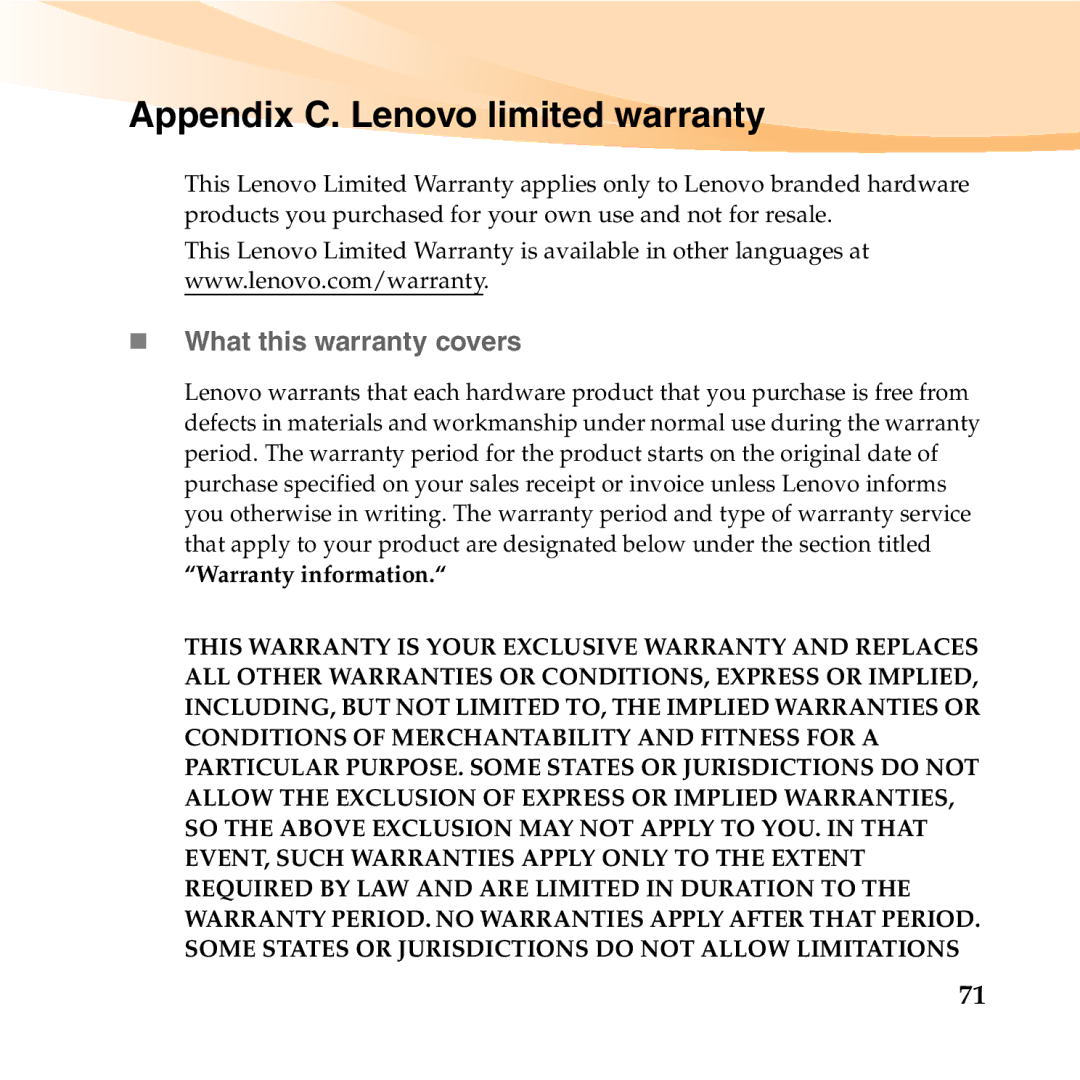 Lenovo 06472BU manual Appendix C. Lenovo limited warranty, „ What this warranty covers 