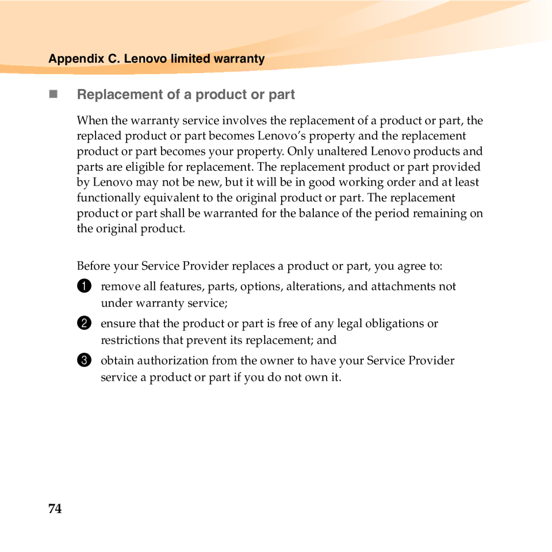 Lenovo 06472BU manual „ Replacement of a product or part 