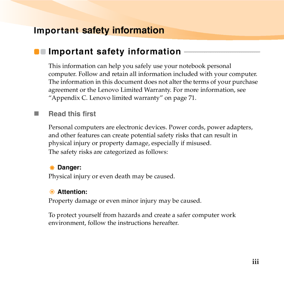 Lenovo 06472BU manual Important safety information, „ Read this first 