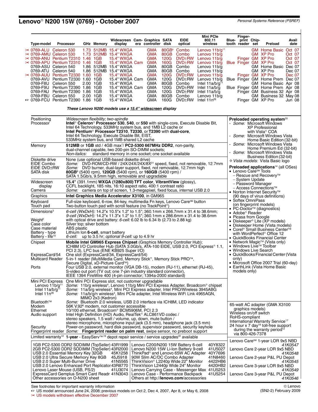 Lenovo 0769-AVU, 0769-F8U dimensions N200 15W 0769 October, Preloaded operating system, Preloaded applications 14 all OSes 