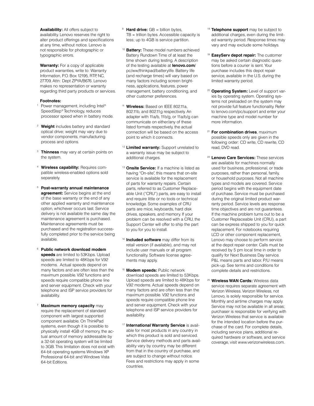 Lenovo 0769-ANU, 0769-F8U, 0769-AVU, 0769-FCU, 0769-AMU, 0769-APU, 0769-ALU, 0769-ASU dimensions Footnotes 