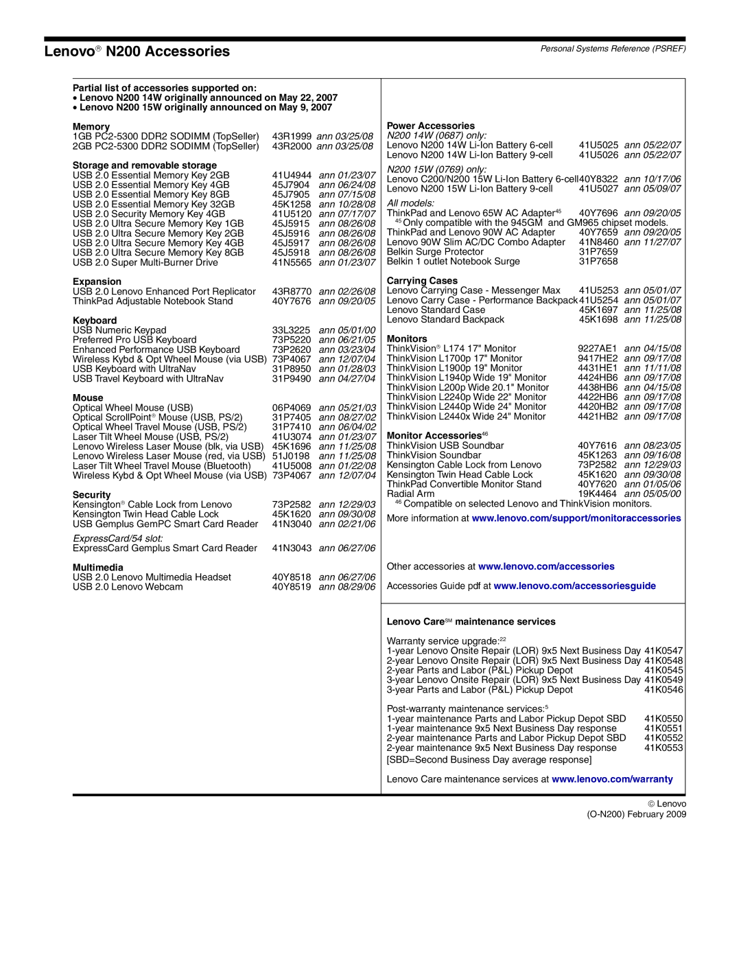 Lenovo 0769-FCU, 0769-F8U, 0769-AVU, 0769-ANU, 0769-AMU, 0769-APU, 0769-ALU, 0769-ASU dimensions Lenovo→ N200 Accessories 