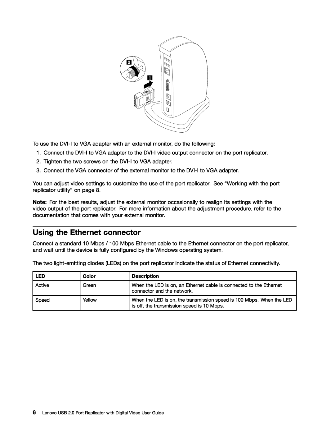 Lenovo 0A33942 manual Using the Ethernet connector, Color, Description 