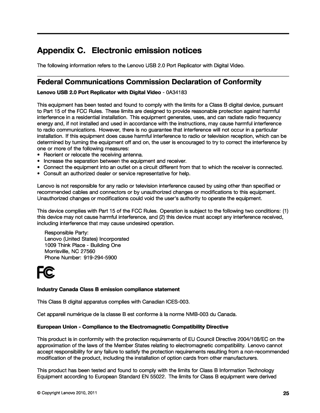 Lenovo 0A33942 manual Appendix C. Electronic emission notices 