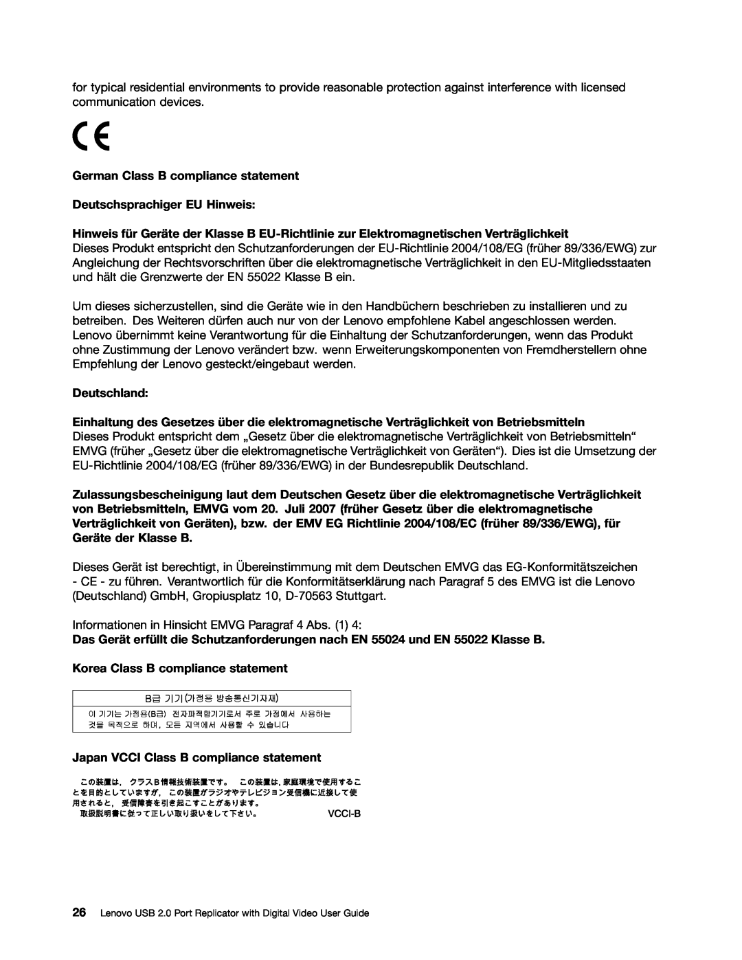 Lenovo 0A33942 manual German Class B compliance statement 