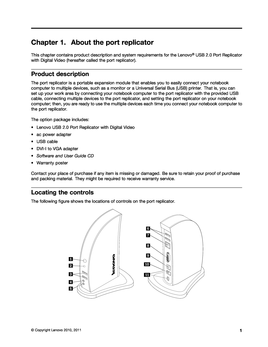Lenovo 0A33942 manual About the port replicator, Product description, Locating the controls, Software and User Guide CD 