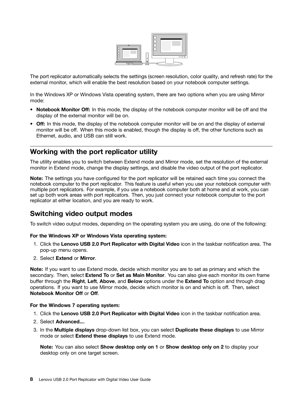 Lenovo 0A33942 manual Working with the port replicator utility, Switching video output modes 