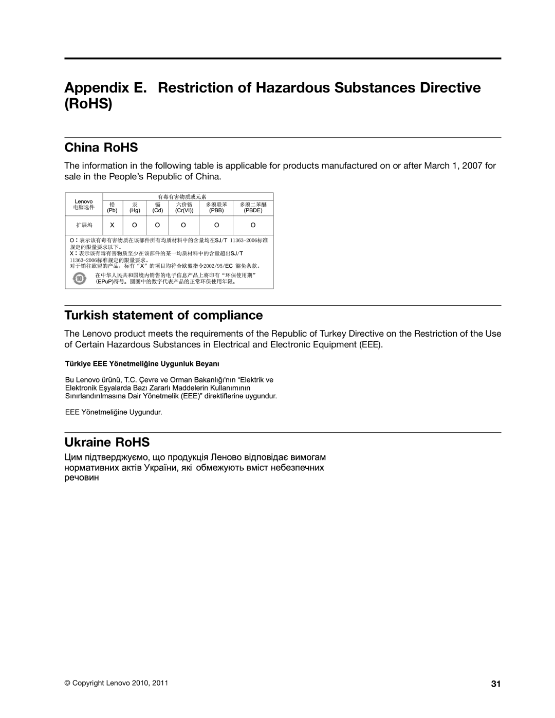 Lenovo 0A33942 manual China RoHS, Turkish statement of compliance, Ukraine RoHS 