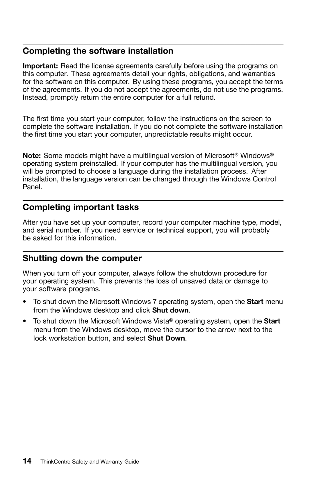 Lenovo 0B39663 warranty Completing the software installation, Completing important tasks, Shutting down the computer 