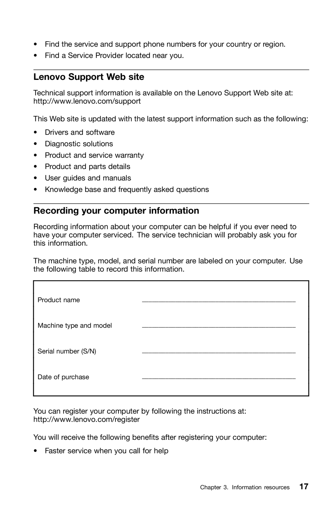 Lenovo 0B39663 warranty Lenovo Support Web site, Recording your computer information 