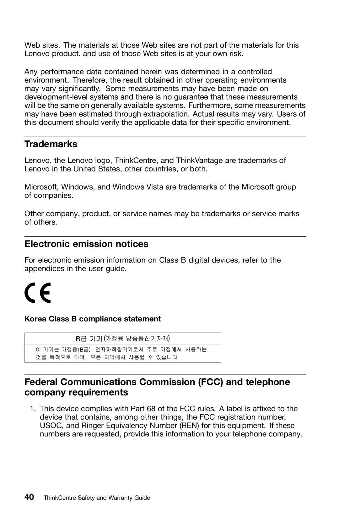 Lenovo 0B39663 warranty Trademarks, Electronic emission notices 