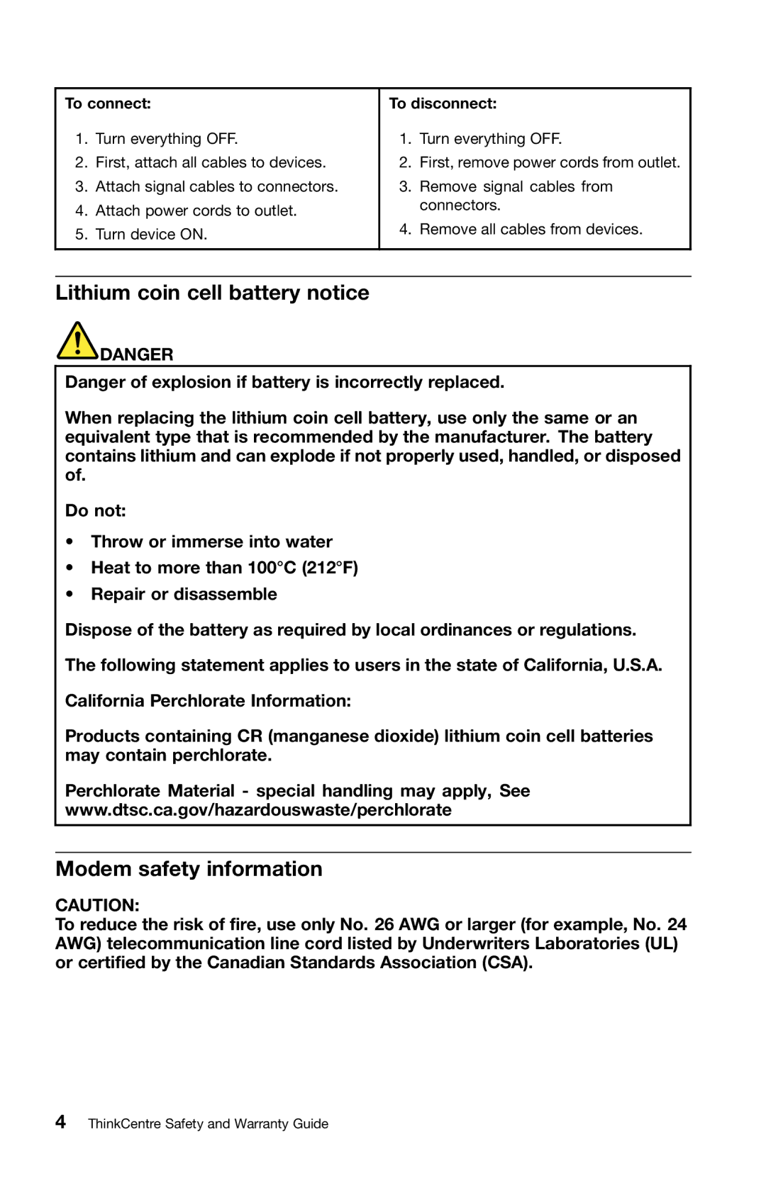 Lenovo 0B39663 warranty Lithium coin cell battery notice, Modem safety information, To connect To disconnect 