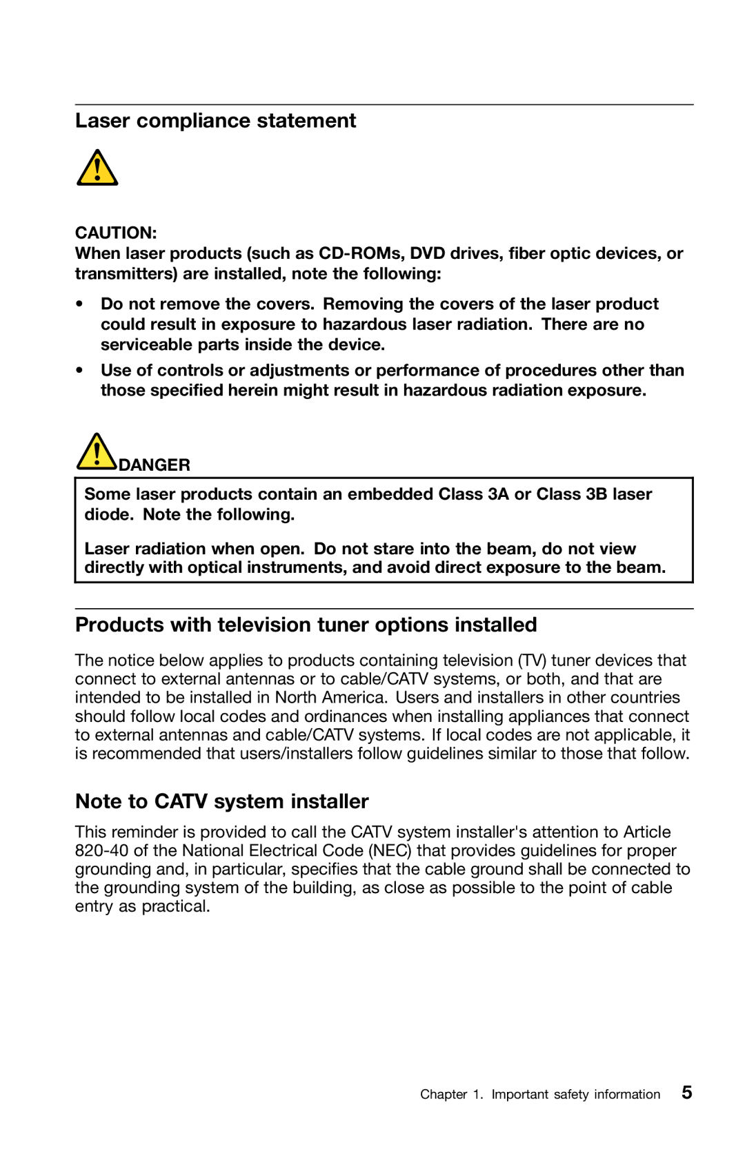 Lenovo 0B39663 warranty Laser compliance statement, Products with television tuner options installed 