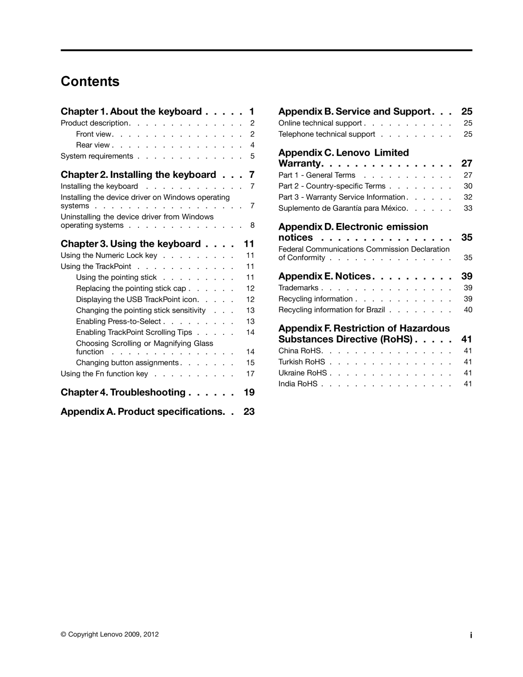 Lenovo 0B47190 manual Contents 