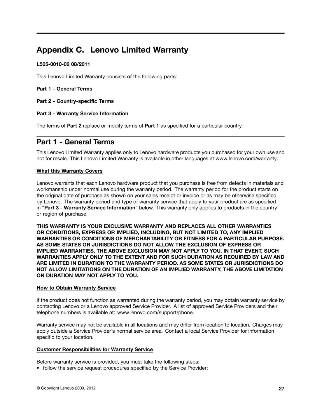 Lenovo 0B47190 manual Appendix C. Lenovo Limited Warranty, Part 1 General Terms 