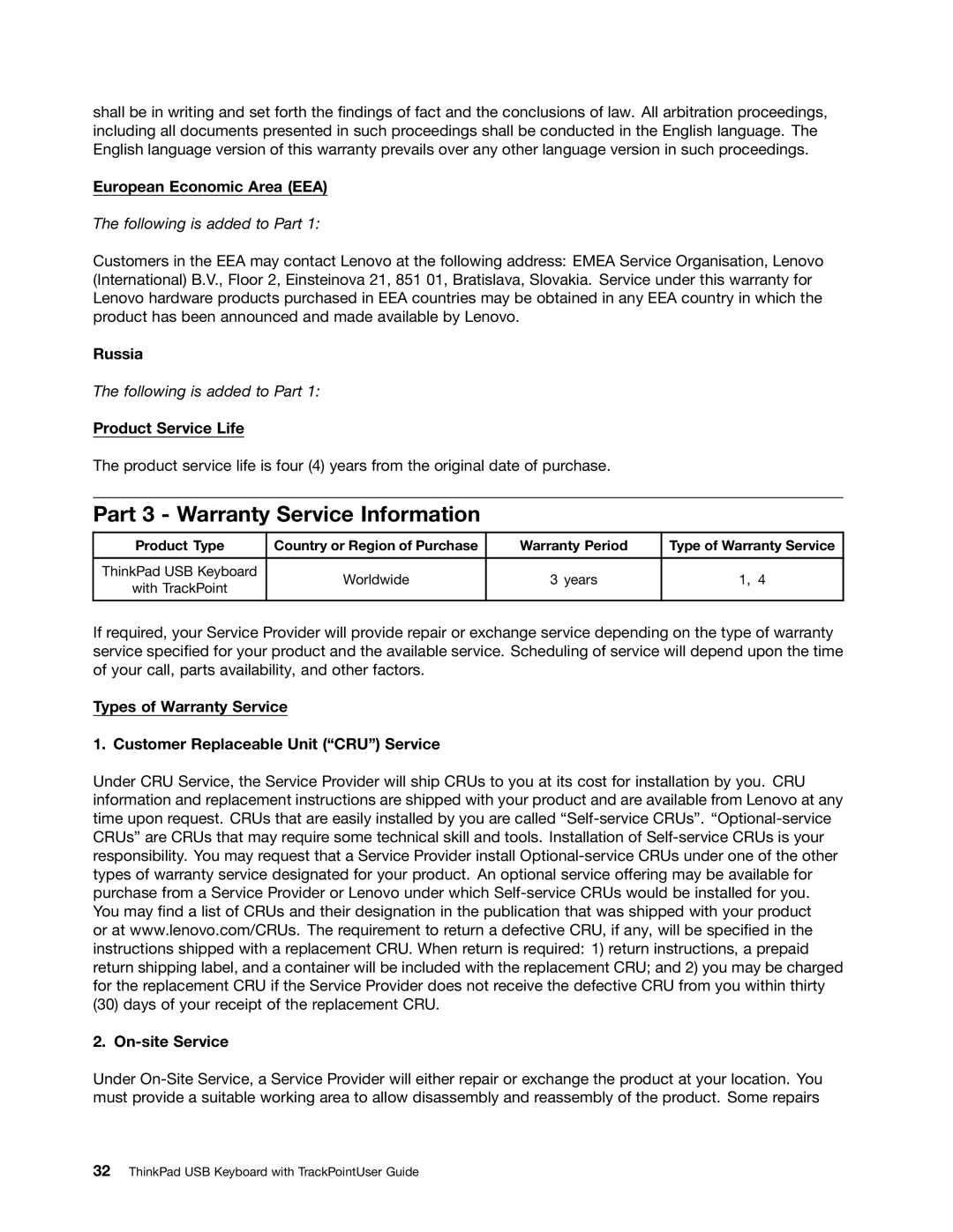 Lenovo 0B47190 manual Part 3 Warranty Service Information, European Economic Area EEA, Russia, Product Service Life 