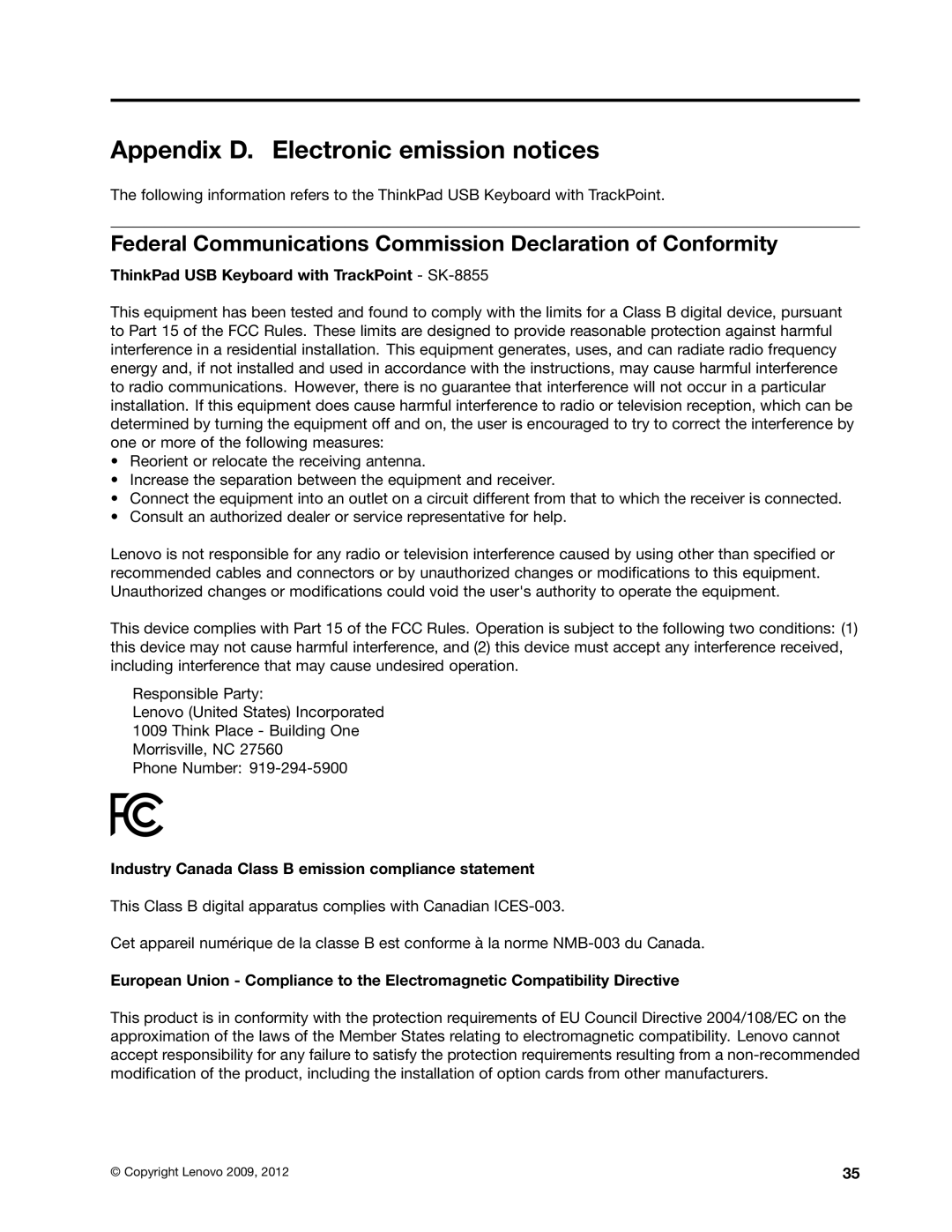 Lenovo 0B47190 manual Appendix D. Electronic emission notices, Federal Communications Commission Declaration of Conformity 