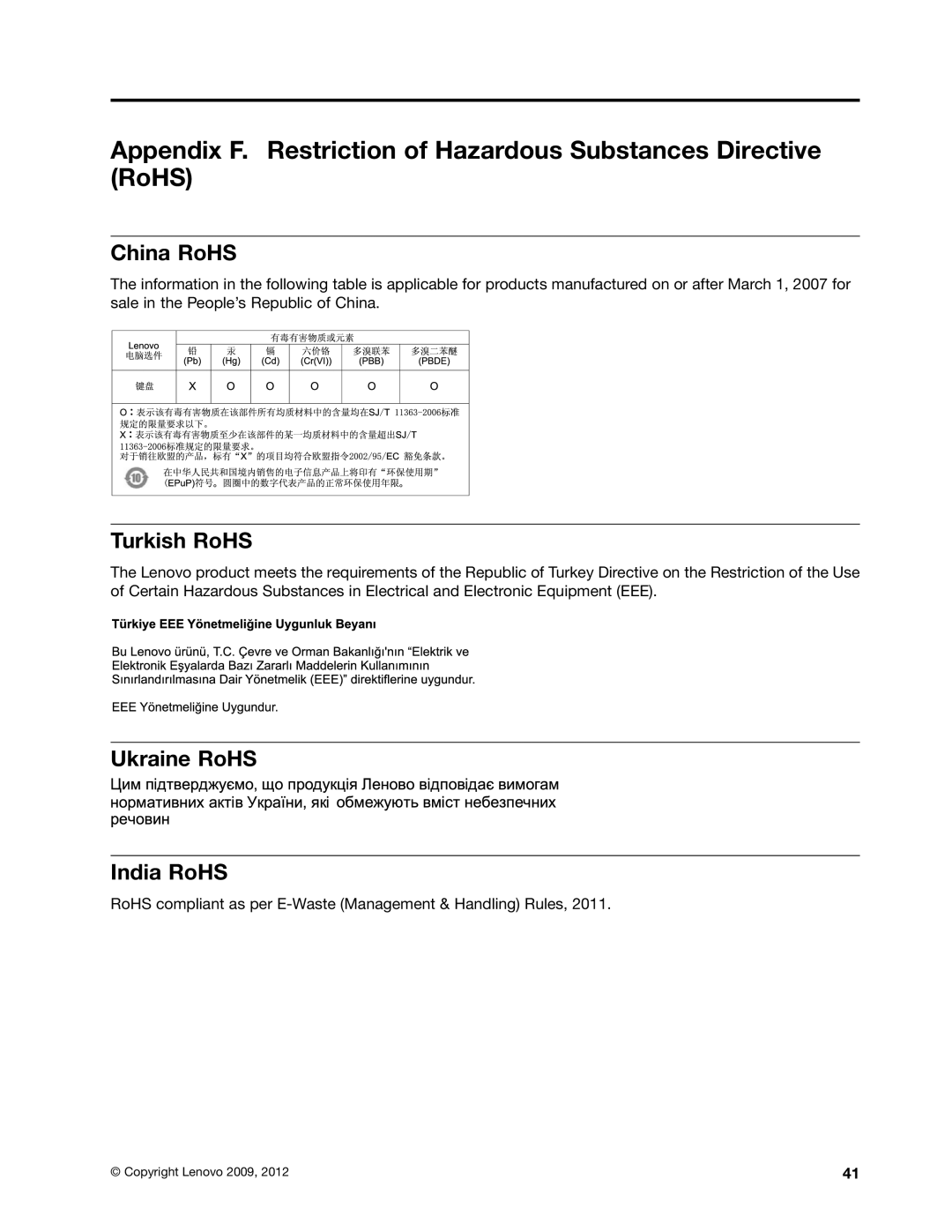 Lenovo 0B47190 manual China RoHS, Turkish RoHS, Ukraine RoHS India RoHS 