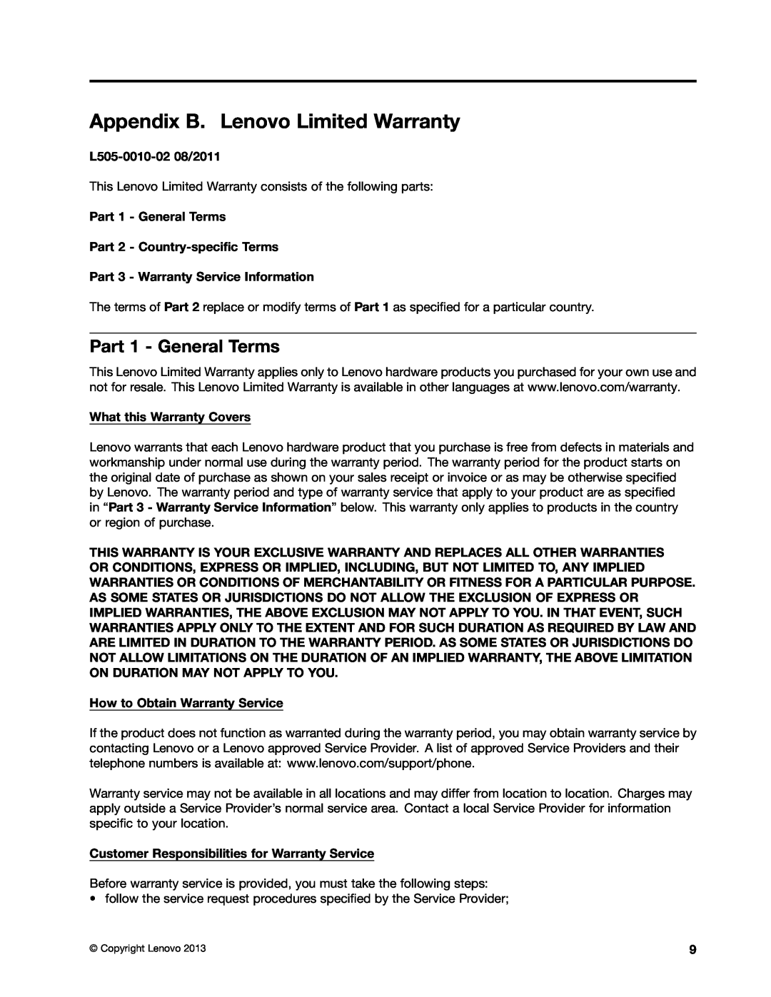 Lenovo 0C22230, 0C22235 manual Appendix B. Lenovo Limited Warranty, Part 1 - General Terms, L505-0010-02 08/2011 