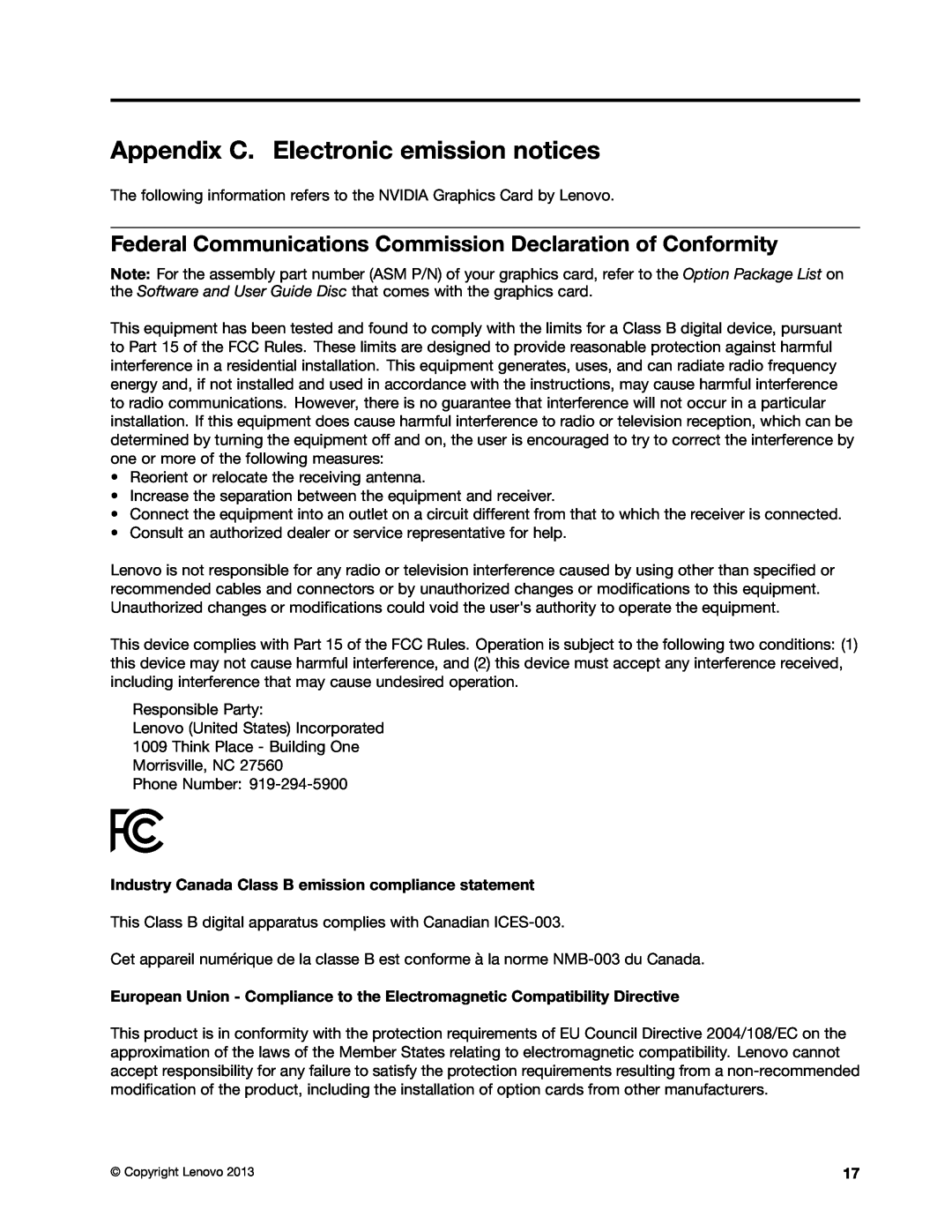Lenovo 0C22230 manual Appendix C. Electronic emission notices, Federal Communications Commission Declaration of Conformity 
