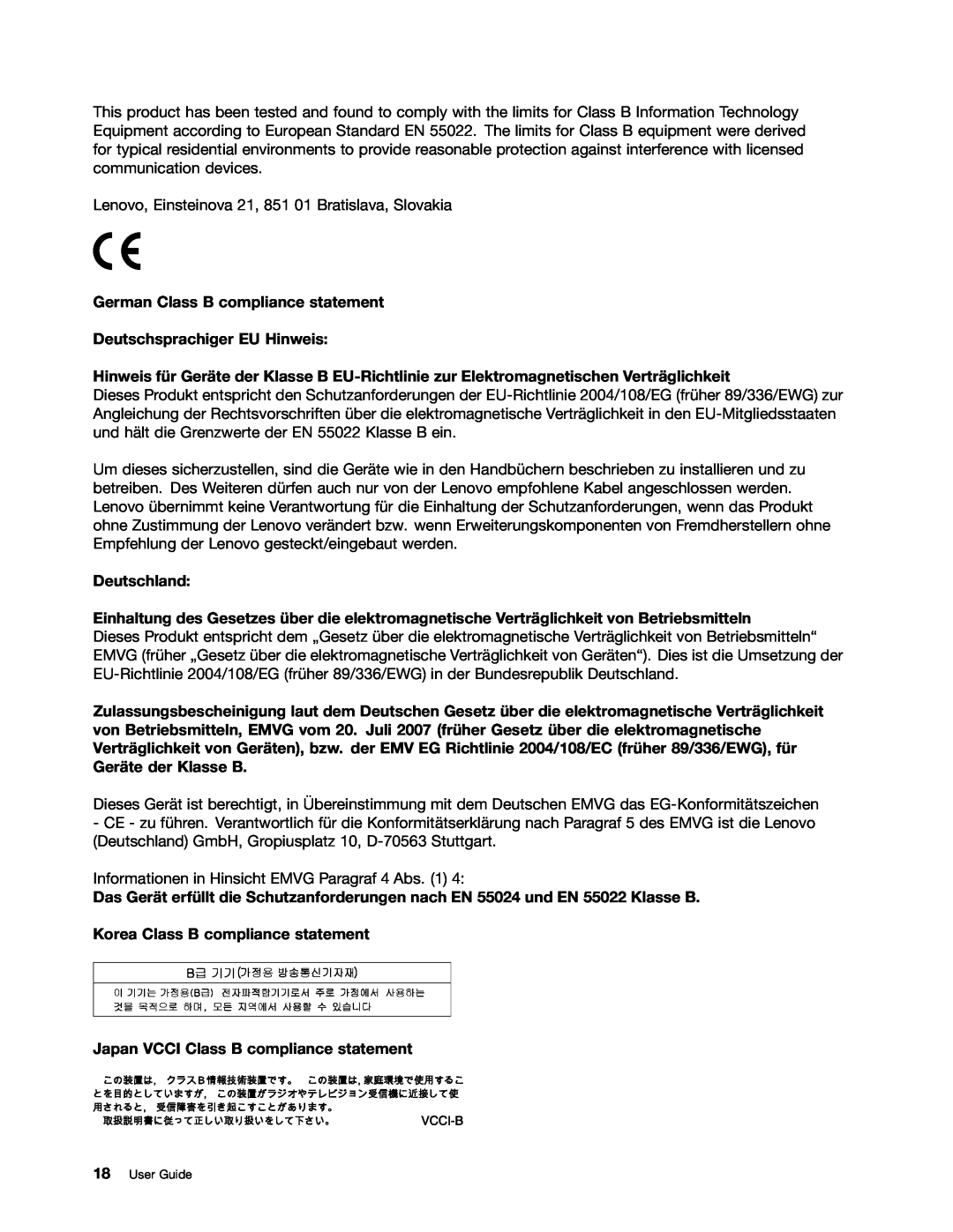 Lenovo 0C22235, 0C22230 manual German Class B compliance statement Deutschsprachiger EU Hinweis, Deutschland 