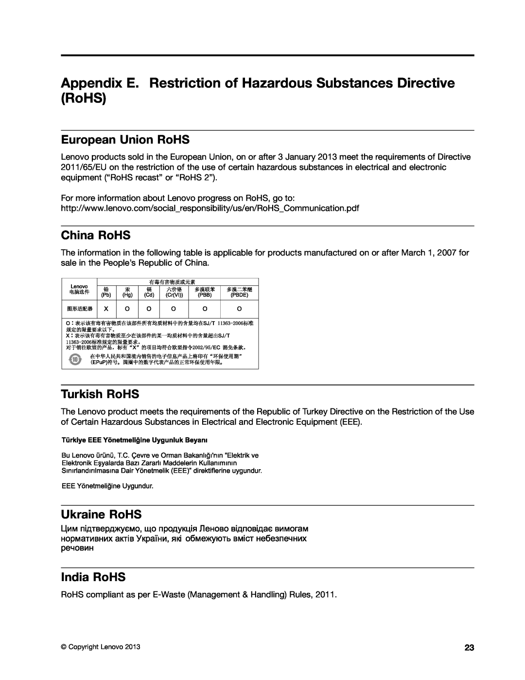 Lenovo 0C22230, 0C22235 Appendix E. Restriction of Hazardous Substances Directive RoHS, European Union RoHS, China RoHS 