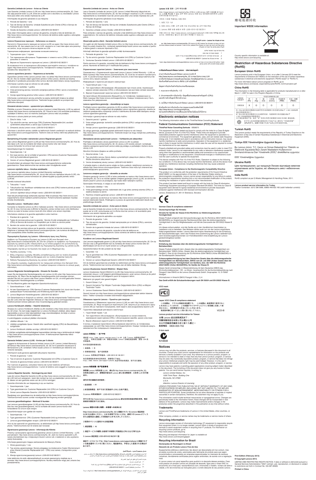 Lenovo 0C53113 warranty Important Weee information, European Union RoHS, China RoHS, Turkish RoHS, Ukraine RoHS India RoHS 