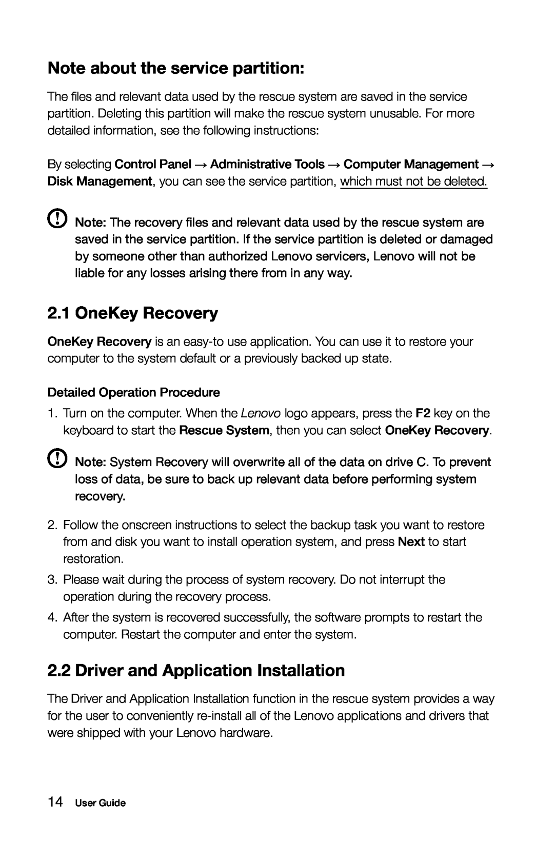Lenovo 10041-10049 manual Note about the service partition, OneKey Recovery, Driver and Application Installation 