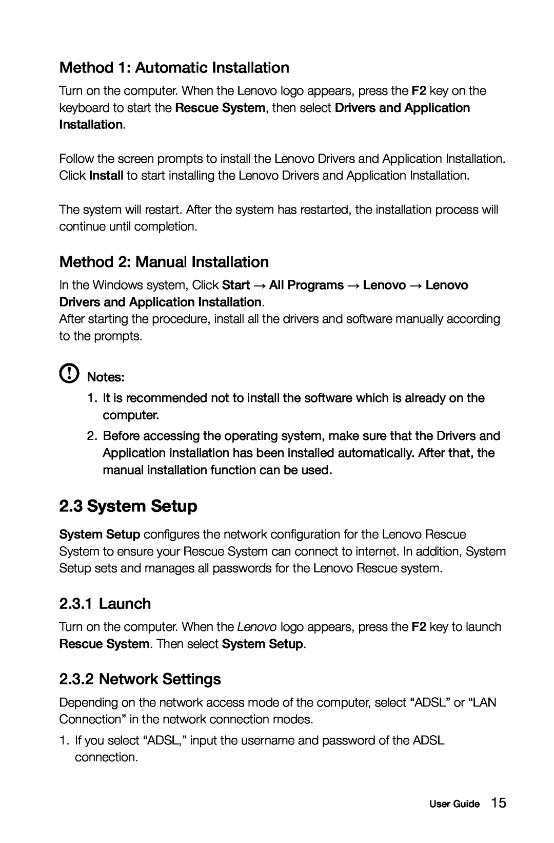 Lenovo 10041-10049 System Setup, Method 1 Automatic Installation, Method 2 Manual Installation, Launch, Network Settings 