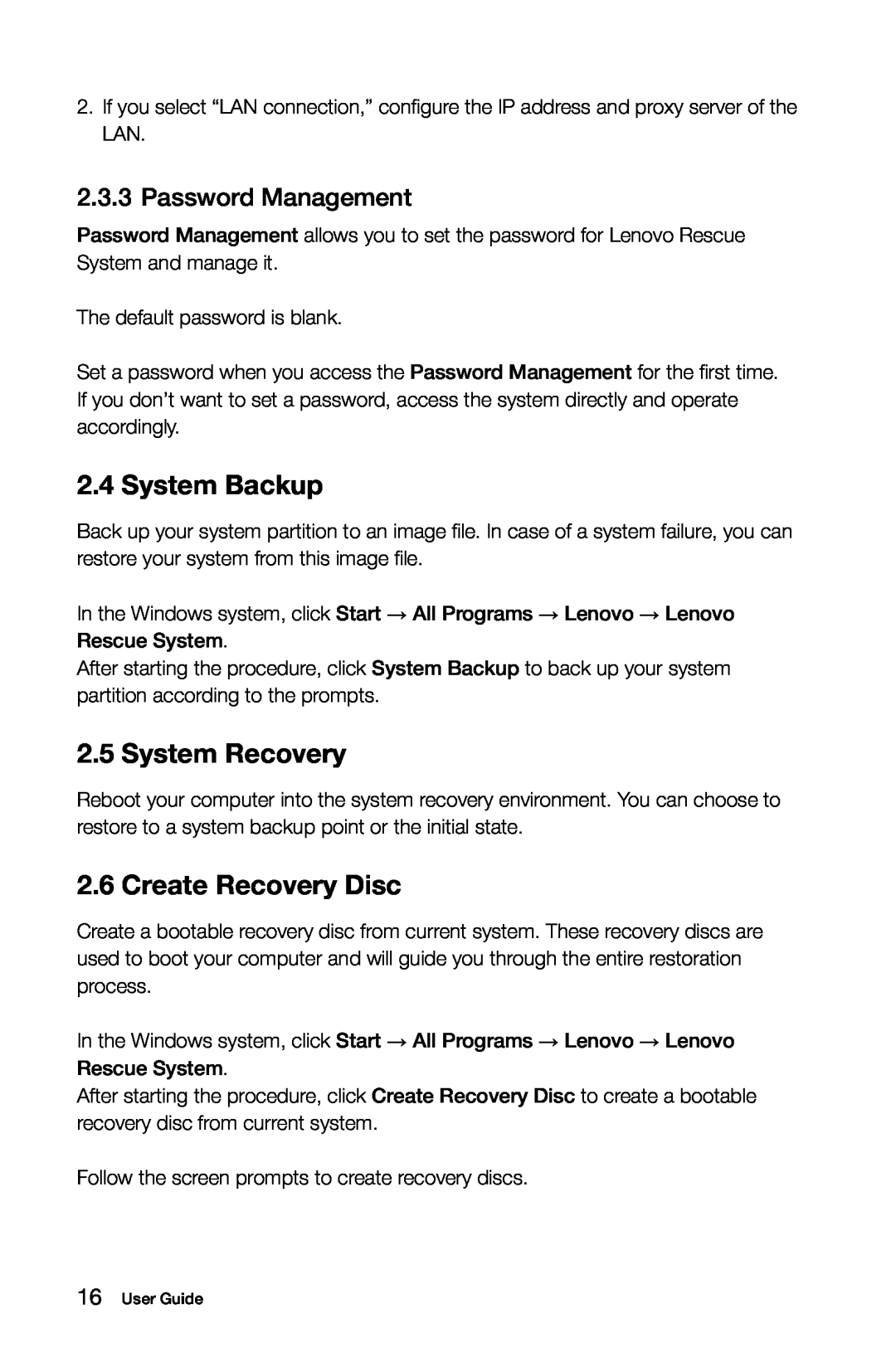 Lenovo 10041-10049 manual System Backup, System Recovery, Create Recovery Disc, Password Management 