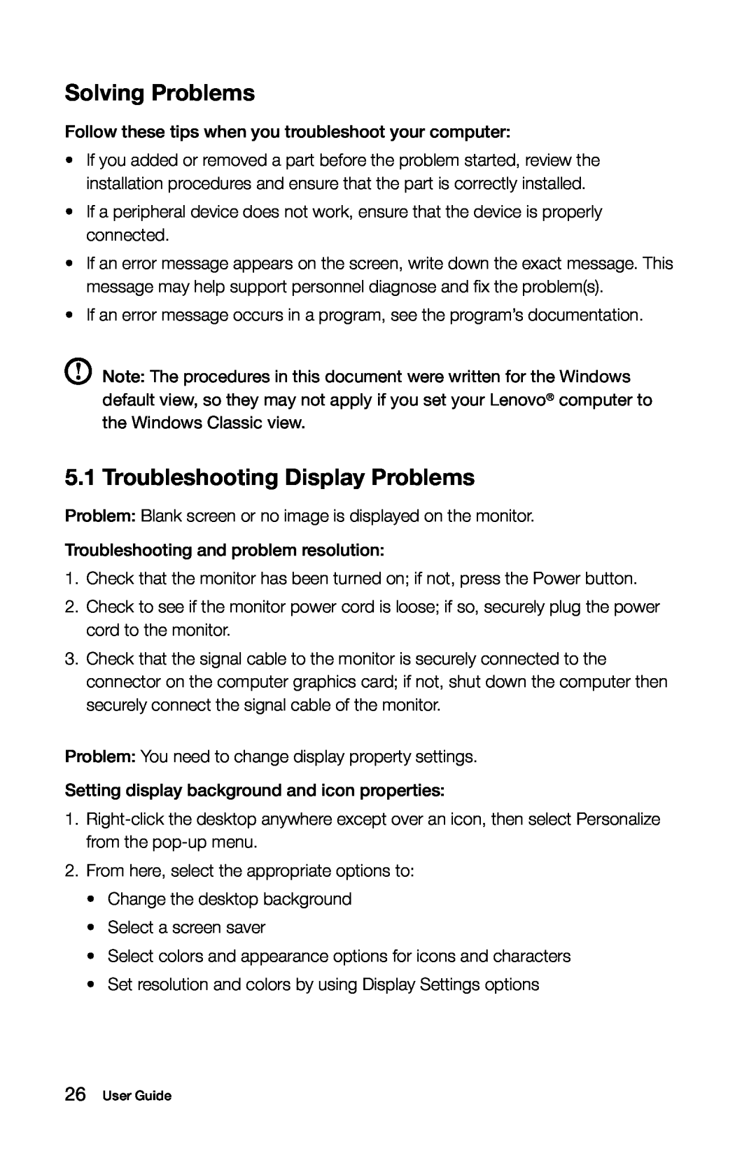 Lenovo 10041-10049 manual Solving Problems, Troubleshooting Display Problems 