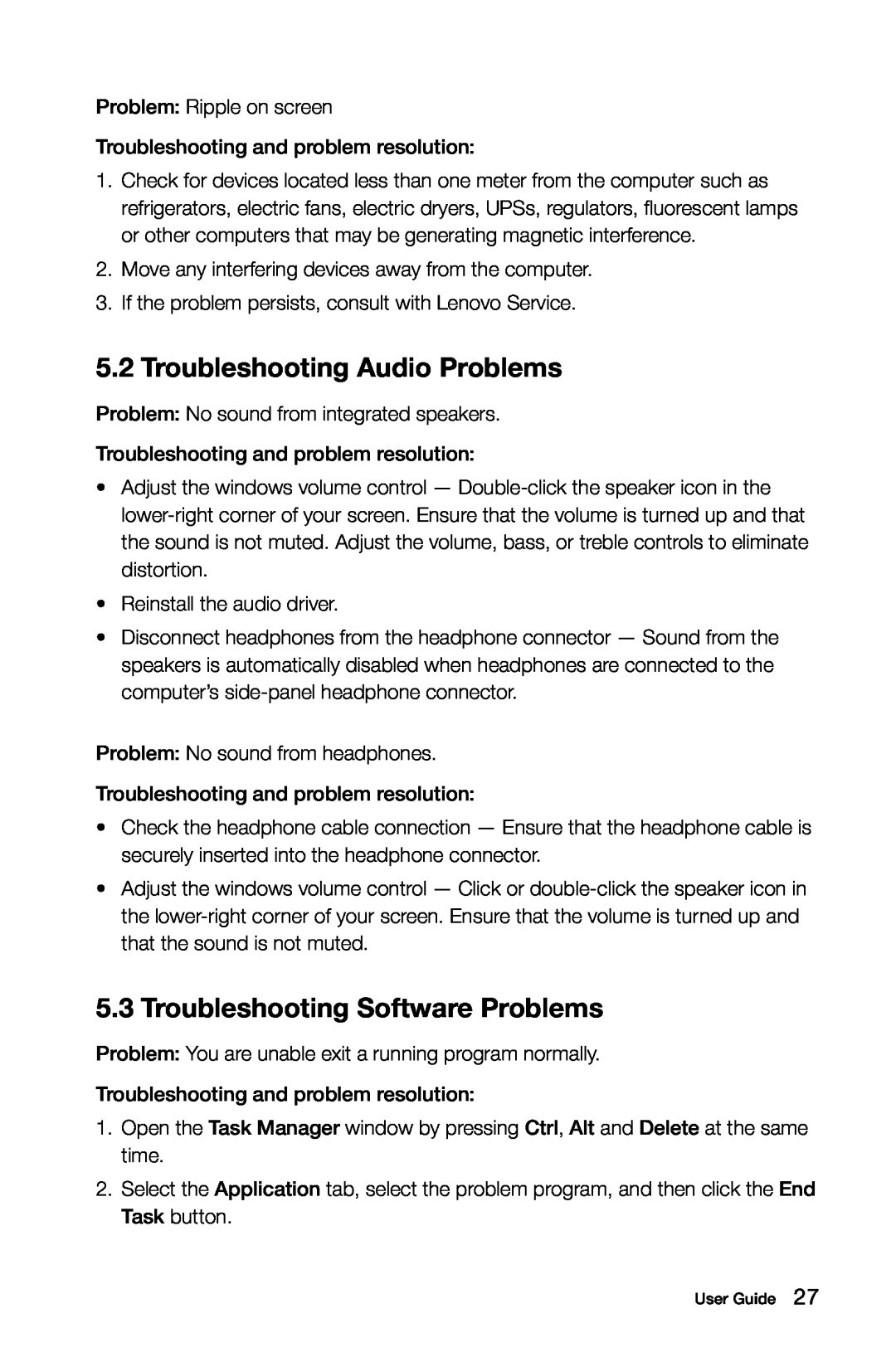 Lenovo 10041-10049 manual Troubleshooting Audio Problems, Troubleshooting Software Problems 