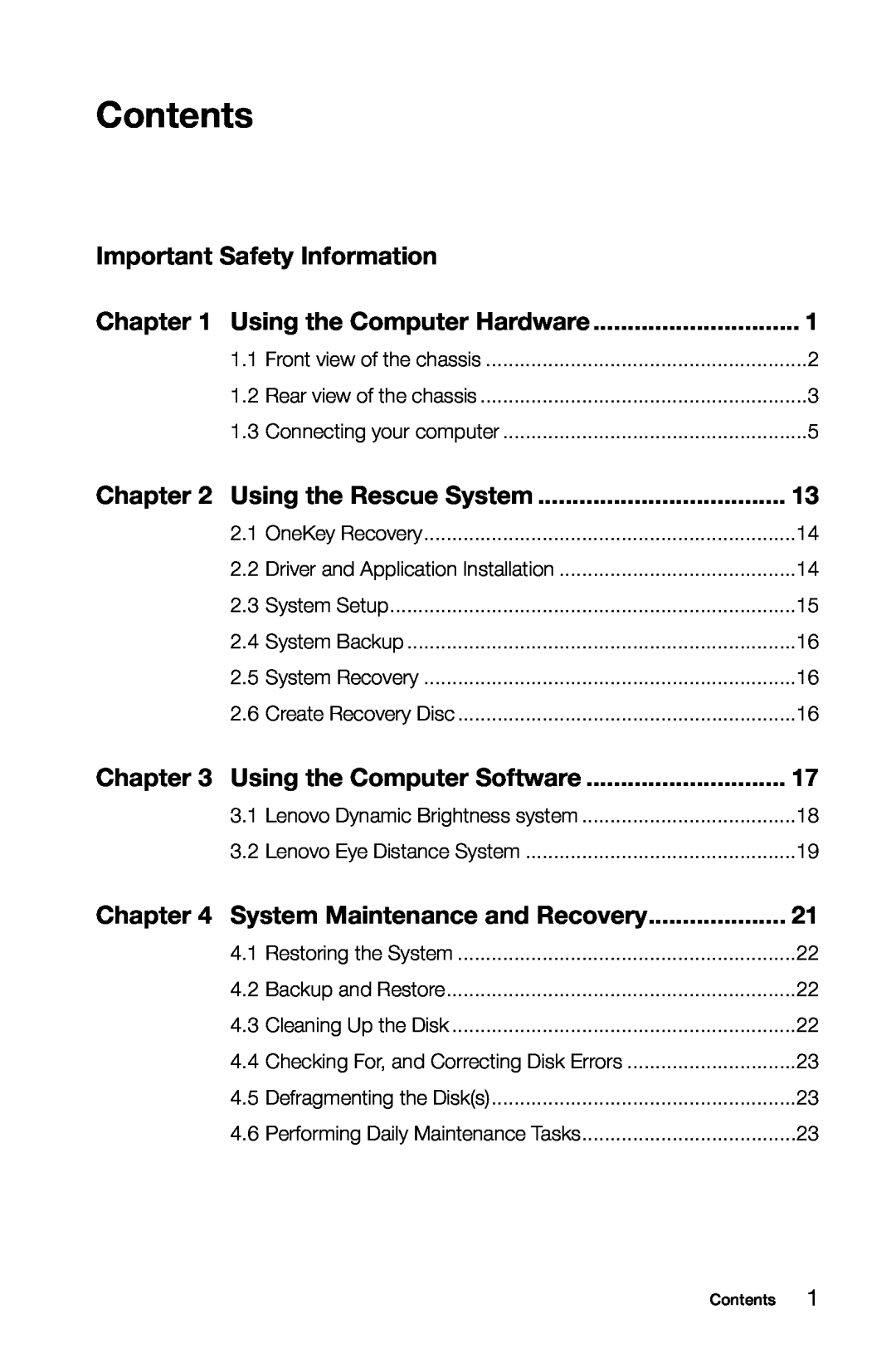 Lenovo 10041-10049 manual Contents, Important Safety Information, Using the Rescue System, Using the Computer Software 