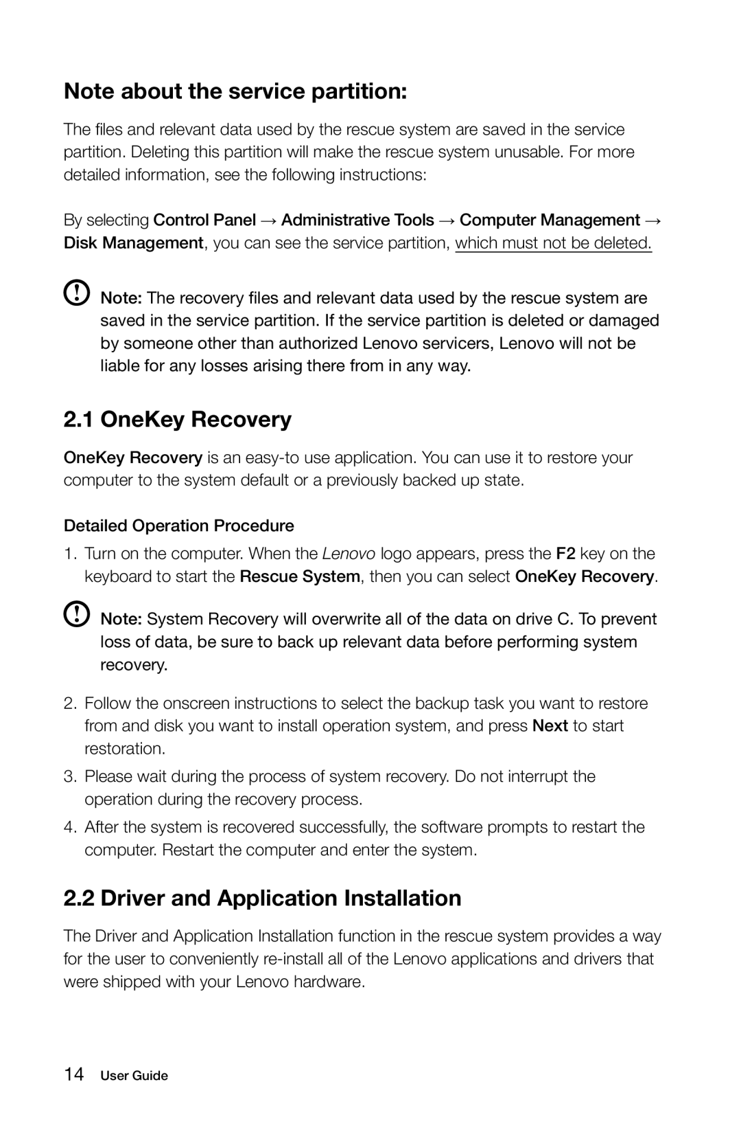 Lenovo 10041-10049 manual OneKey Recovery, Driver and Application Installation 