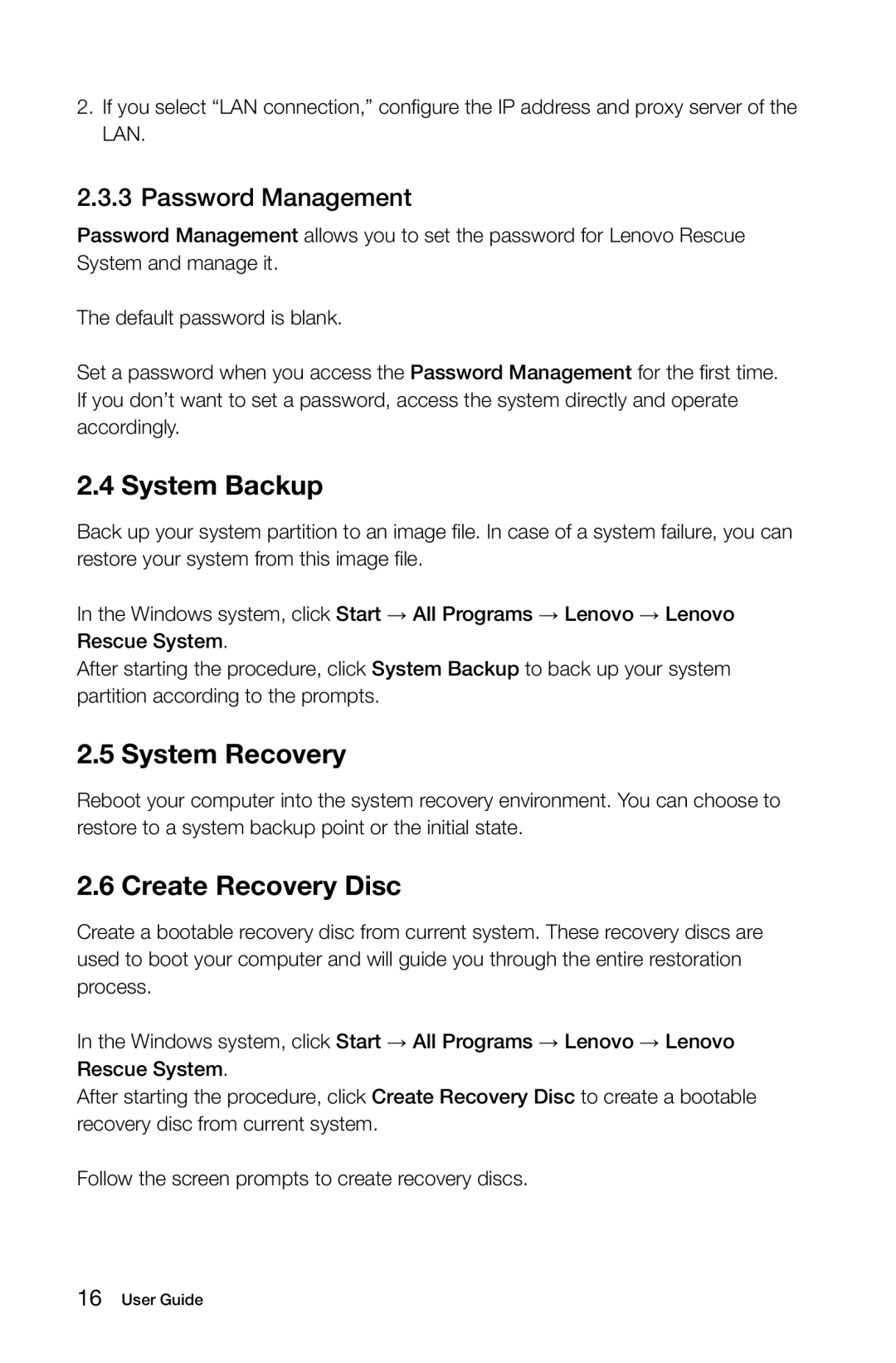 Lenovo 10041-10049 manual System Backup, System Recovery, Create Recovery Disc, Password Management 