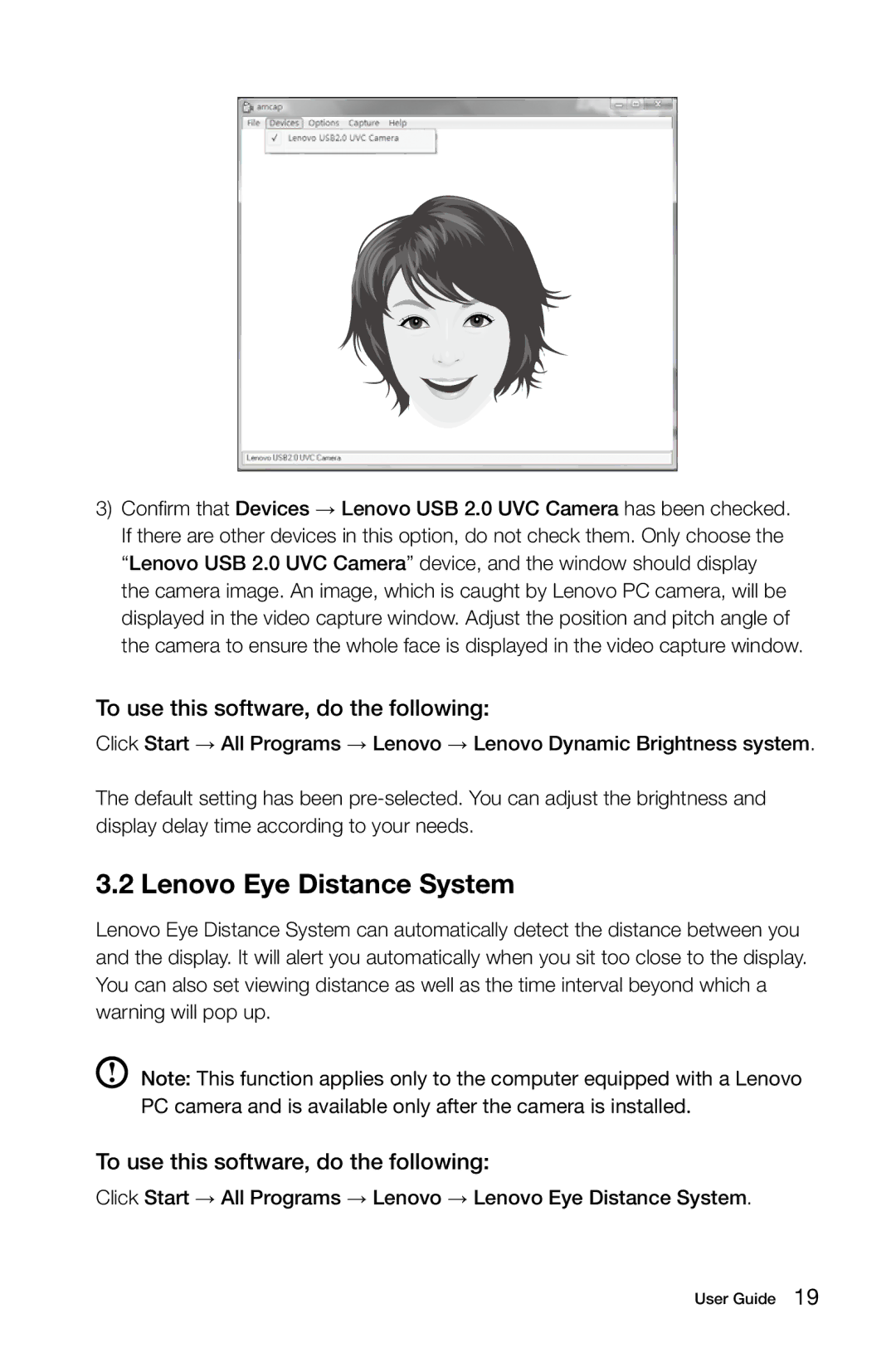 Lenovo 10041-10049 manual Lenovo Eye Distance System, To use this software, do the following 