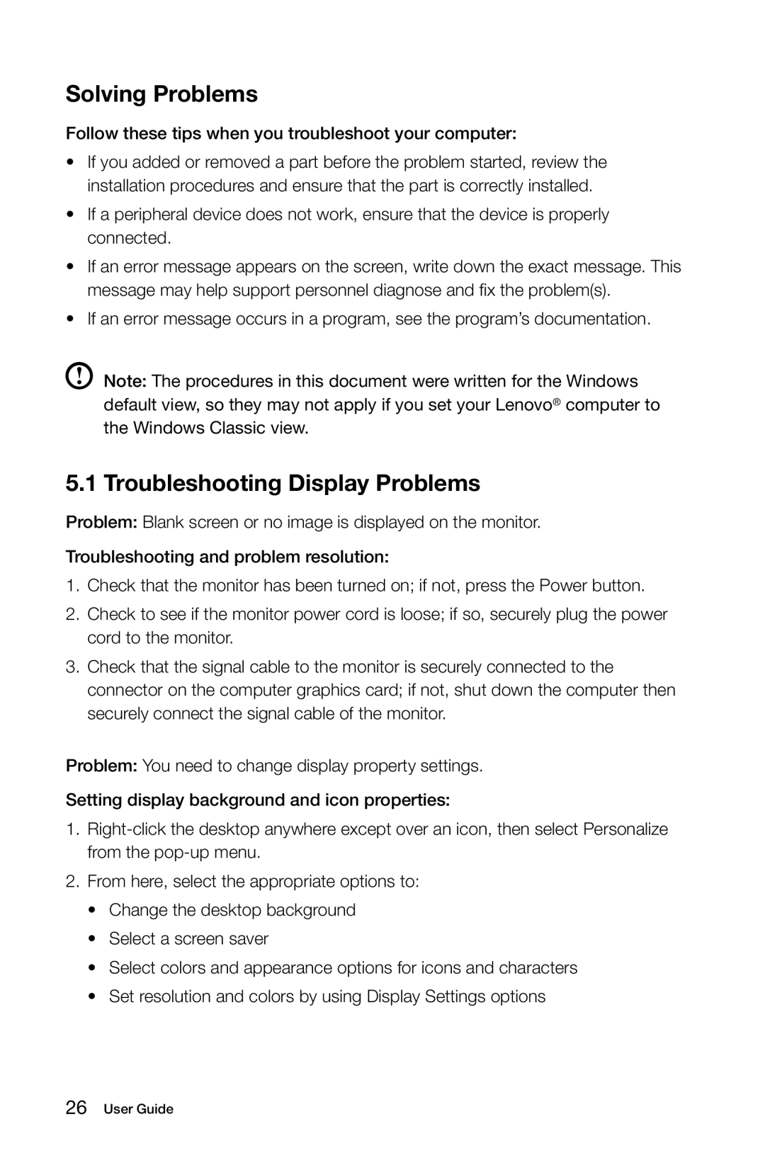 Lenovo 10041-10049 manual Solving Problems, Troubleshooting Display Problems 