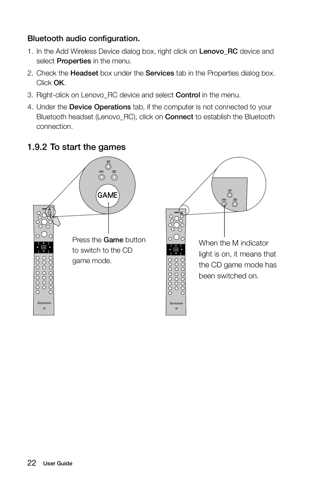 Lenovo 10057/7712 manual To start the games, Bluetooth audio configuration 