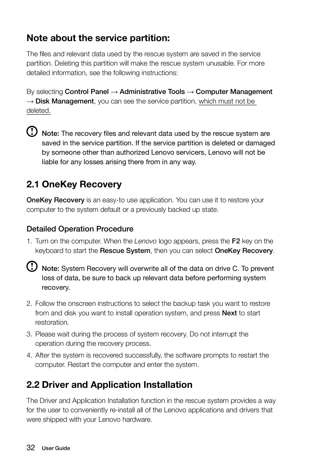 Lenovo 10057/7712 manual OneKey Recovery, Driver and Application Installation 