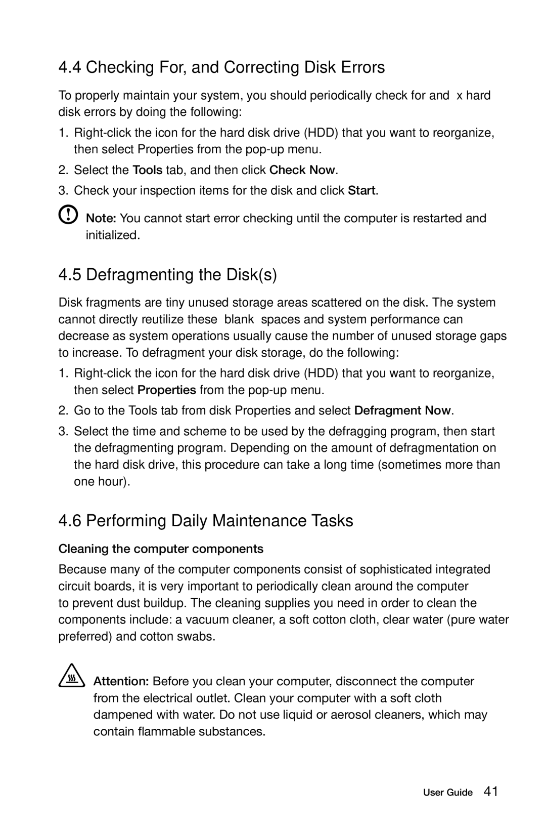 Lenovo 10057/7712 Checking For, and Correcting Disk Errors, Defragmenting the Disks, Performing Daily Maintenance Tasks 