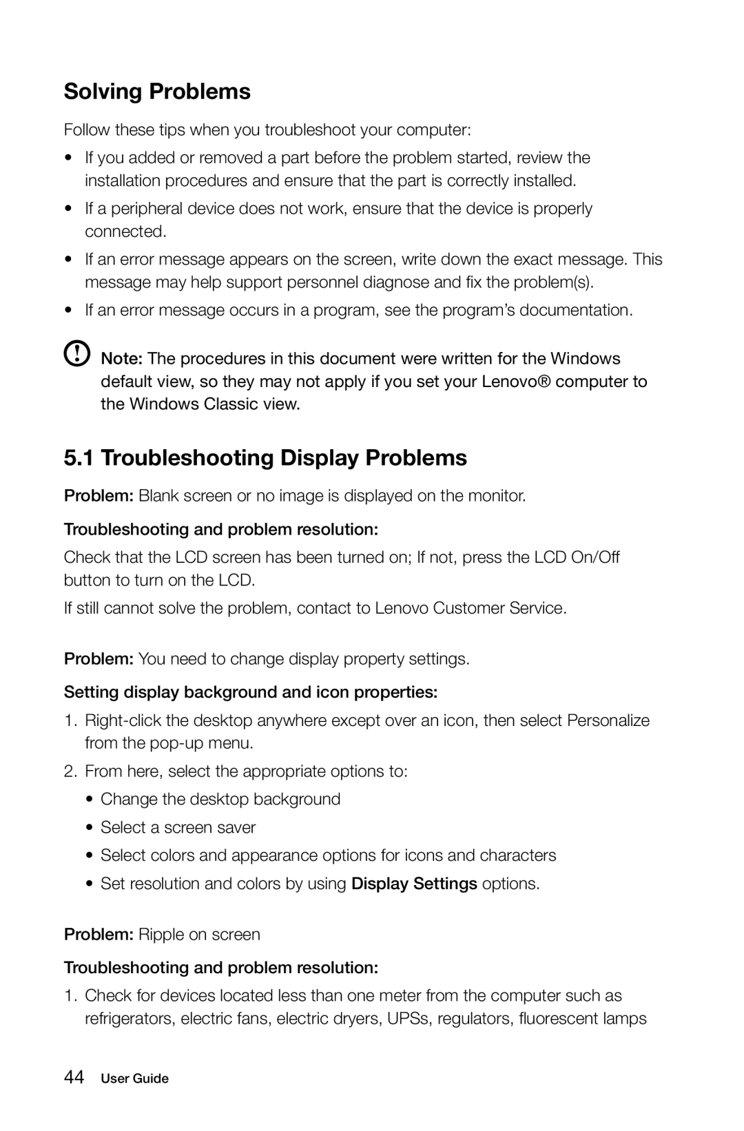 Lenovo 10057/7712 manual Solving Problems, Troubleshooting Display Problems 