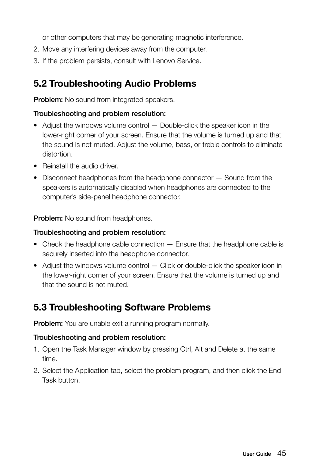 Lenovo 10057/7712 manual Troubleshooting Audio Problems, Troubleshooting Software Problems 