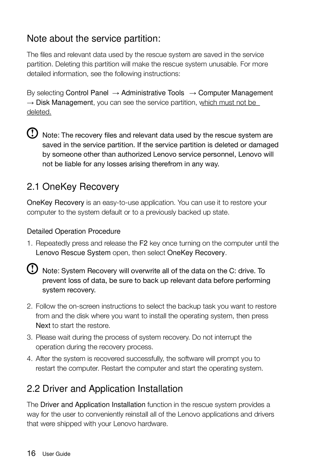 Lenovo 10059/7723, 10068/7752, 10060/7724, 10080/3099 manual OneKey Recovery, Driver and Application Installation 